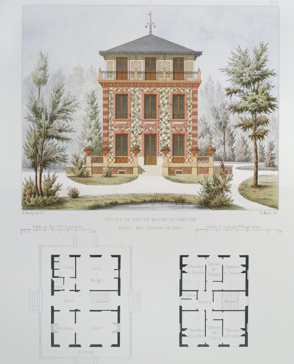 Projekt malého venkovského domu poblíž Paříže, vyrytý Walterem, deska 18 z Architecture Pittoresque et Moderne od Marty