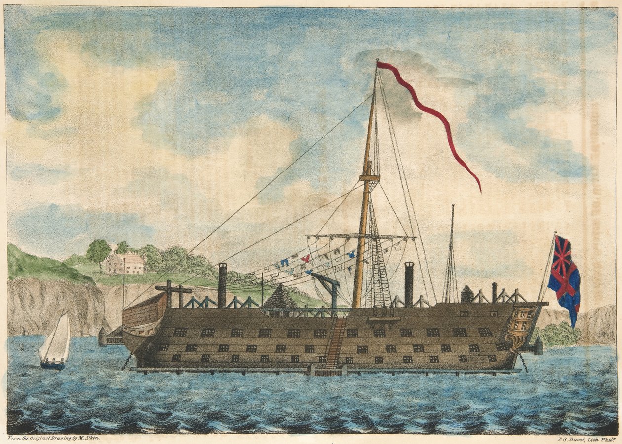 Vězeňská loď Saratoga u Dartmouthu, hospoda. 1840 (ručně kolorovaná rytina) od Martyn after Alken