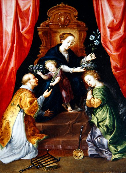Panna a dítě se svatou Alžbětou a Vavřincem Římským (olej na desce) od Martyn and Brueghel Jan the Younger Pepyn