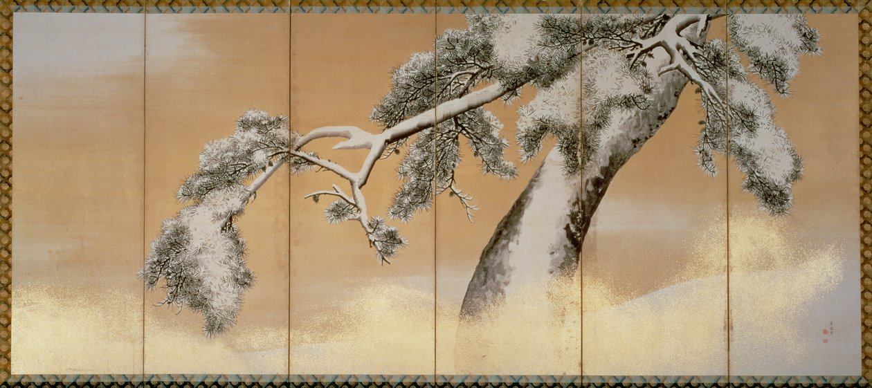 The Pines under Snow (pero a inkoust, barva, zlatý papír na panelu) (viz 216568) od Maruyama Okyo