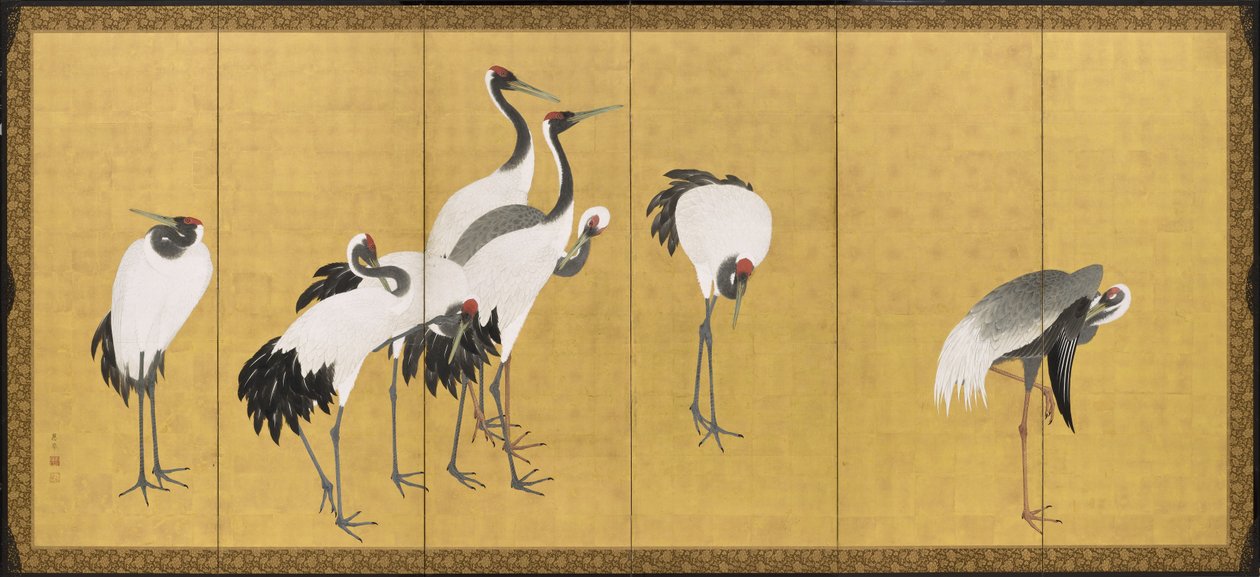 Jeřáby, období Anei, 1772 (inkoust, barva a plátkové zlato na panelu) od Maruyama Okyo