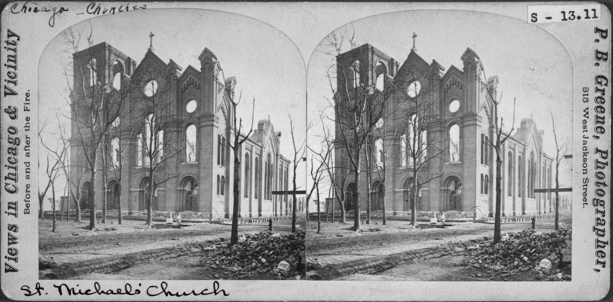 Stereograf kostela St. Michaels po požáru v Chicagu v roce 1871, 1871 (černobílá fotografie na držáku karty) od Mary C. Greene