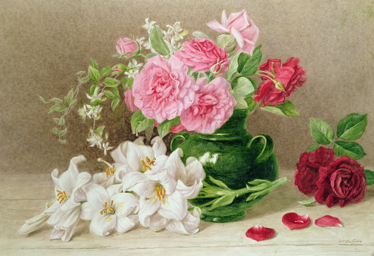 Růže a lilie (akvarel) od Mary Elizabeth Duffield
