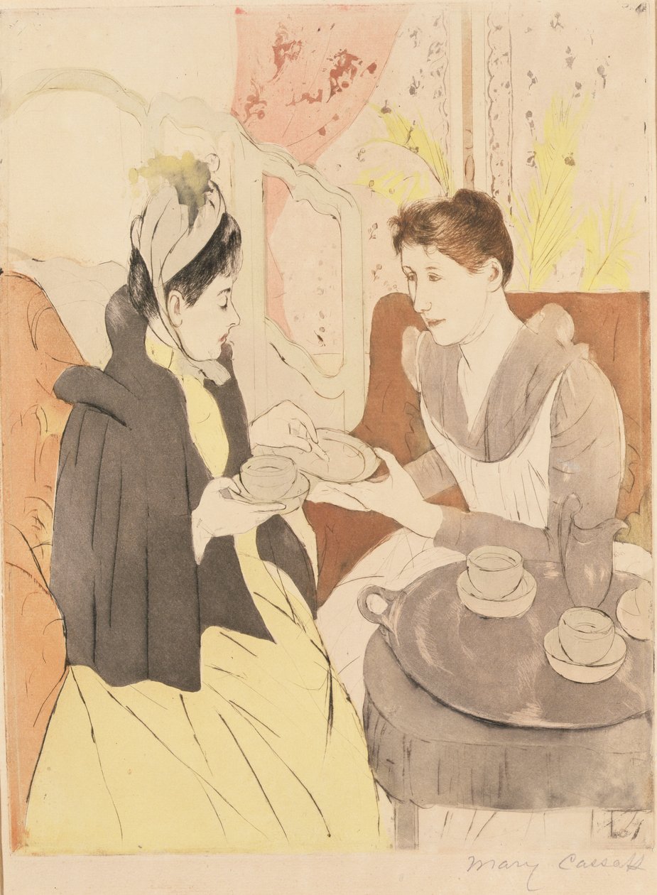 Odpolední čajový dýchánek, 1891 (suchá jehla a akvatinta na tkaném papíře) od Mary Cassatt