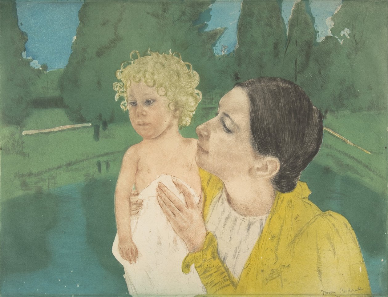 U rybníka, kolem roku 1896 (suchá jehla a tisk akvatinty) od Mary Cassatt
