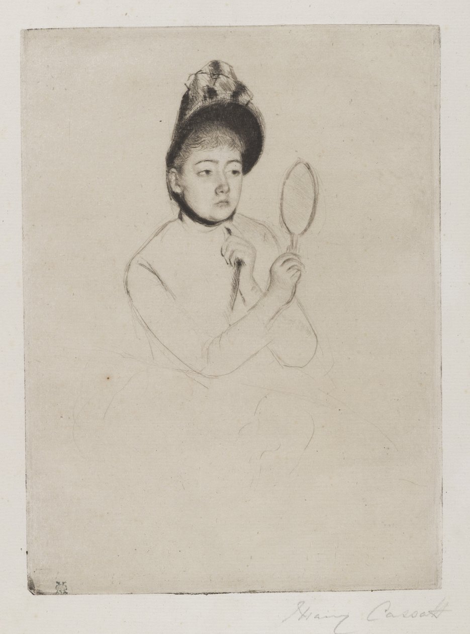 Femme au Mirror (The Bonnet), kolem roku 1891 (suchá jehla na krémově zbarveném papíru) od Mary Cassatt