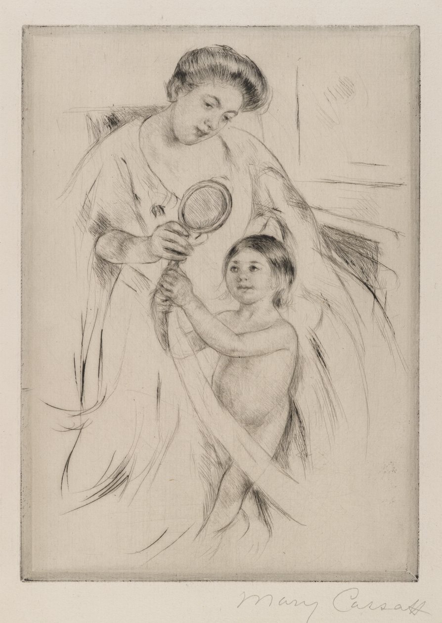 La Glace a Main, kolem roku 1905 (suchá jehla na krémově zbarveném papíru) od Mary Cassatt