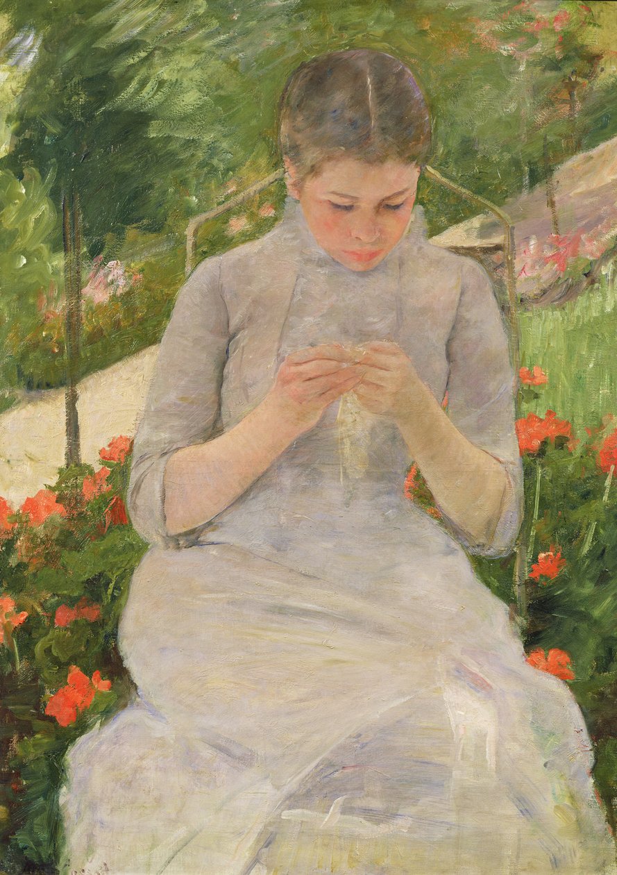 Mladá žena Šití v zahradě, c.1880-82 od Mary Cassatt