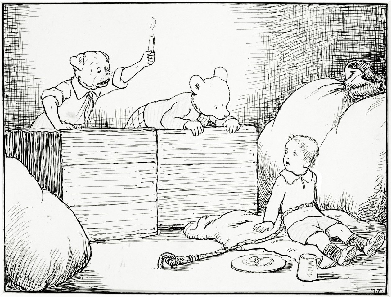 Viděli malého chlapce, jak na ně vyděšeně hledí obrácený obličej, ilustrace z hospody Rupert Bear Goes Hiking. od Marston & Co., Londýn, 20. léta 20. století (pero a inkoust, pastelka na papíře) od Mary Tourtel