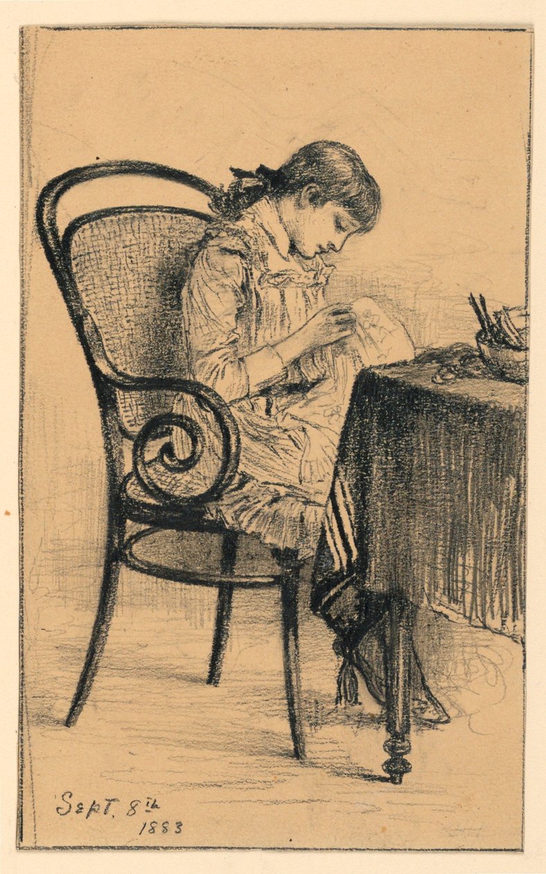Kresba, Marian Šití, 1883 od Mary A. Hallock Foote