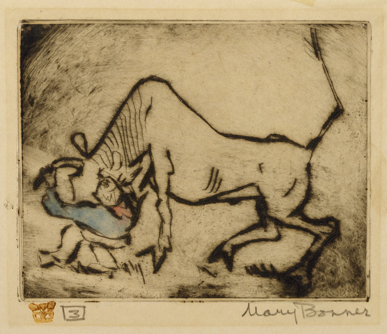 Bull-Dogging (ručně kolorovaný lept) od Mary Bonner