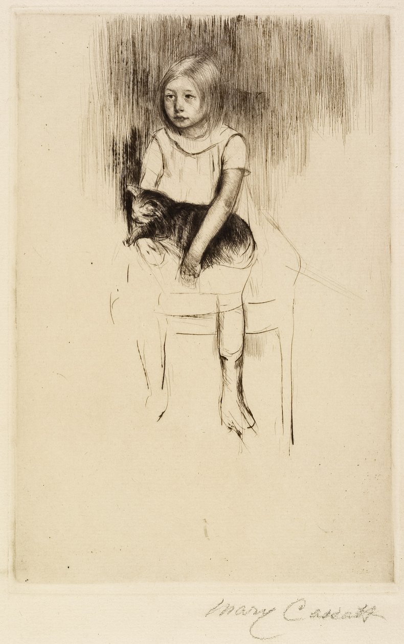 Ellen drží kočku, dívá se doleva, c. 1887 od Mary Cassatt