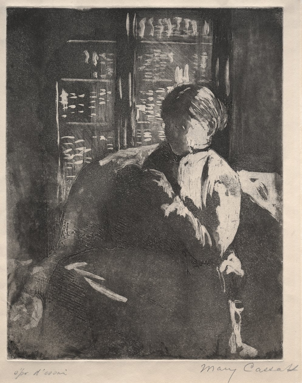 Pletení v knihovně od Mary Cassatt