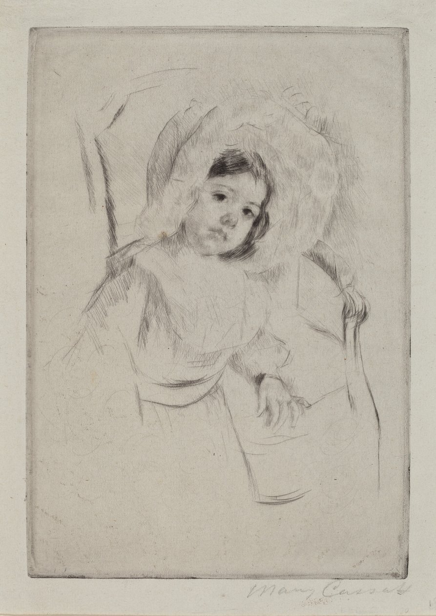 Margot v poddajné kapotě opřená o židli od Mary Cassatt