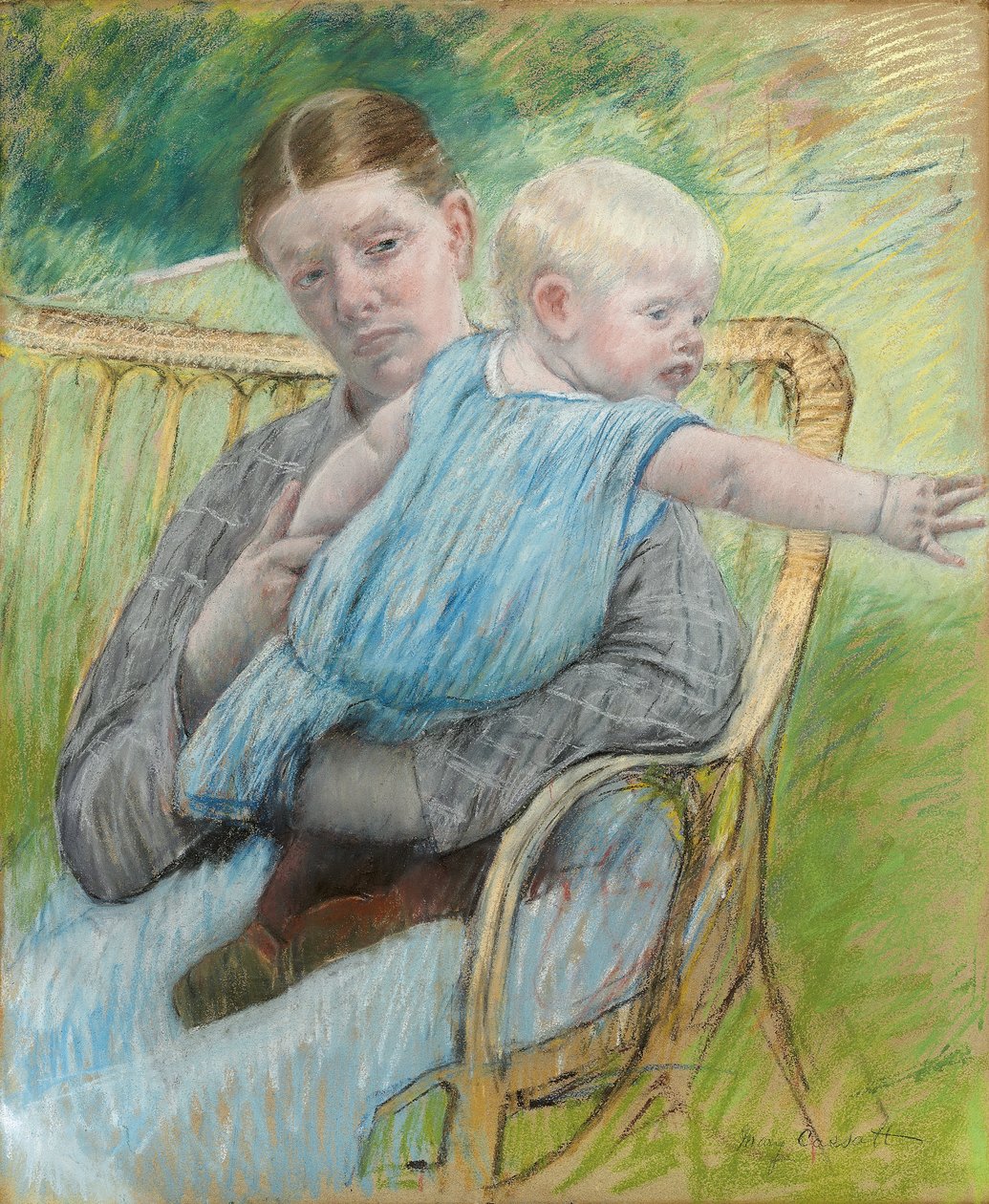 Mathilde drží dítě, které se natahuje doprava, kolem roku 1889 od Mary Cassatt