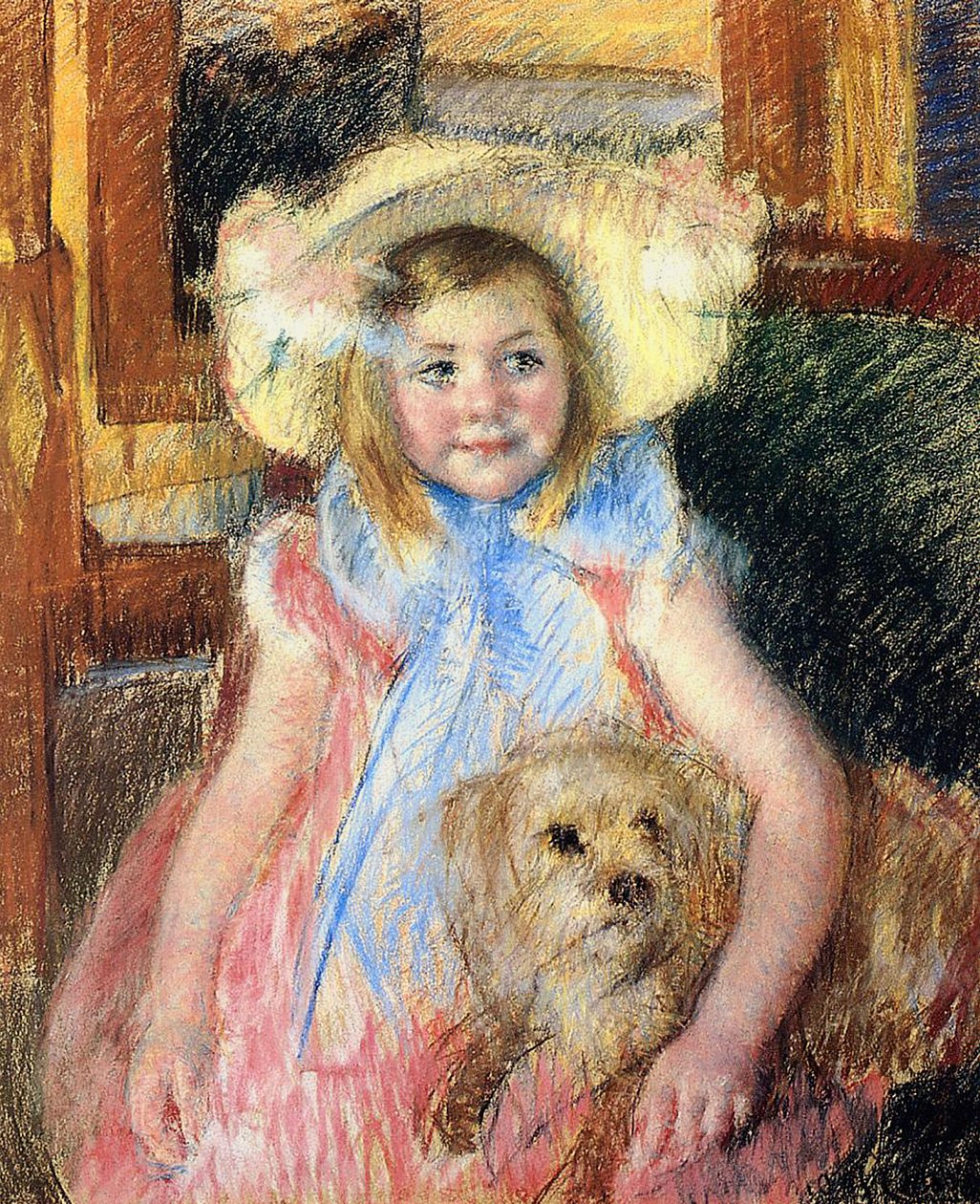 Sara ve velkém květovaném klobouku, dívá se doprava, drží svého psa, kolem roku 1901 (pastel na papíře) od Mary Cassatt
