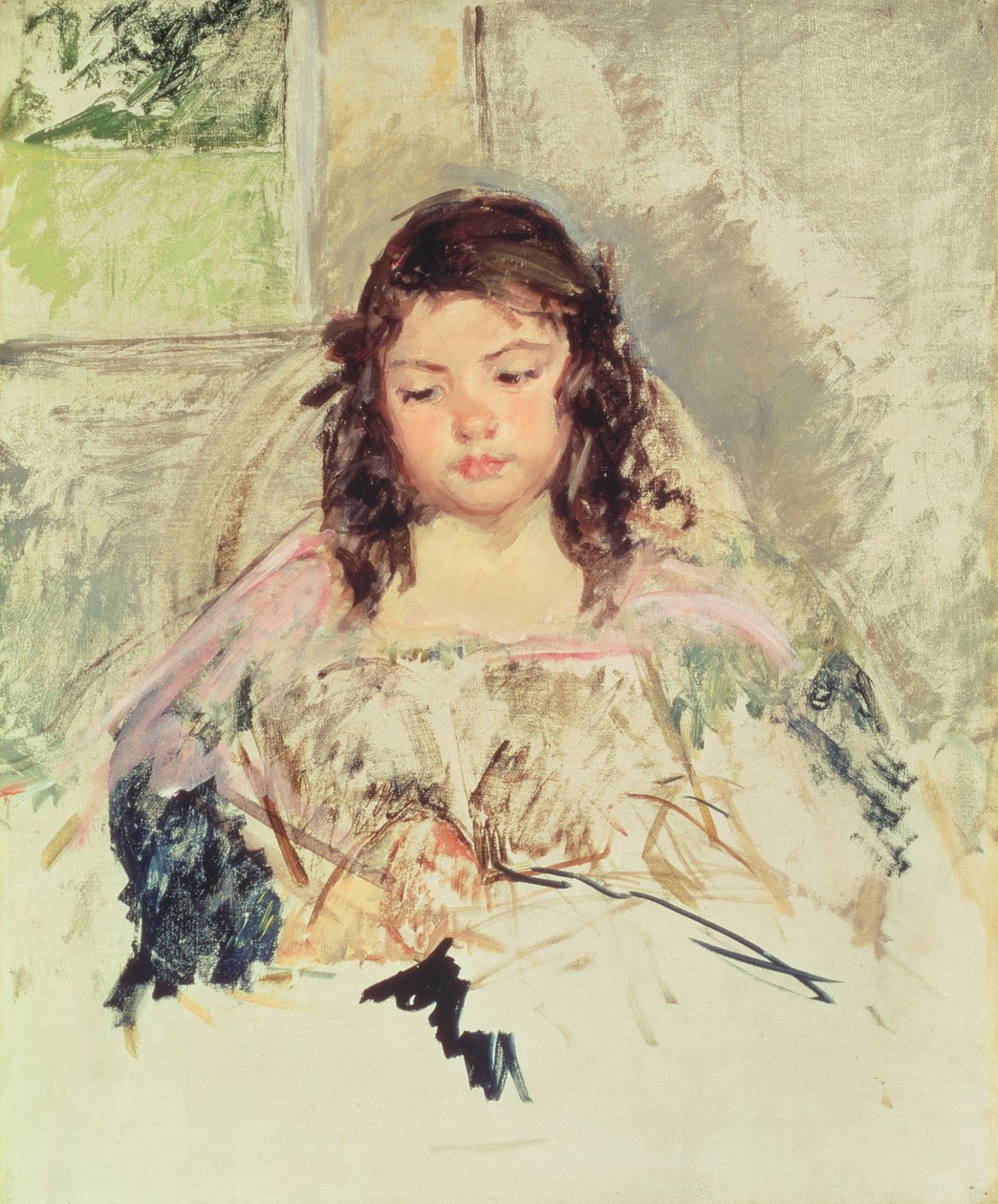 Náčrt pro „Francoise na židli s kulatým opěradlem, čtení“ nebo „Dívka v růžovém“ kolem roku 1908 od Mary Cassatt