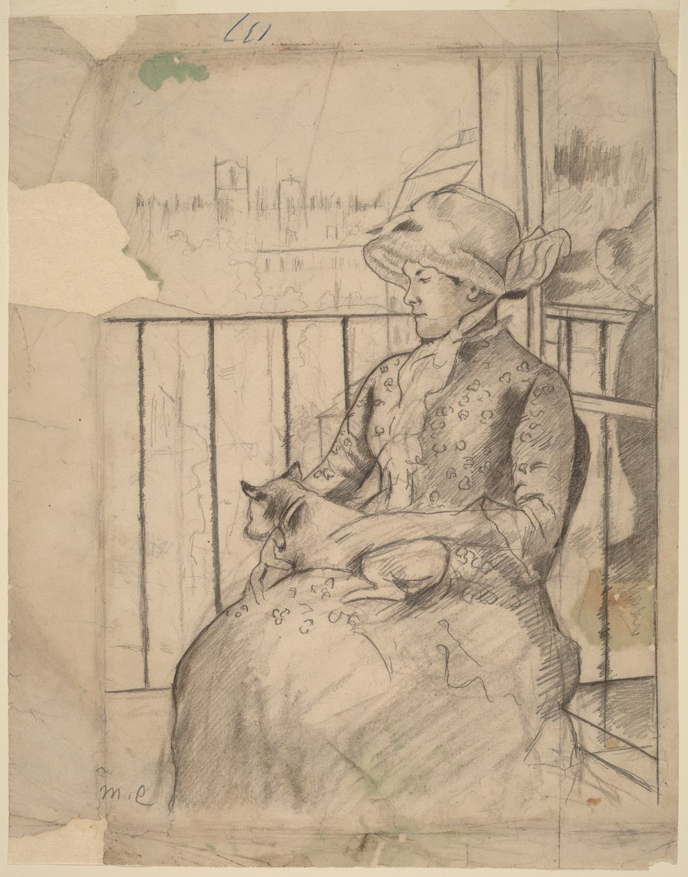 Susan na balkoně držící psa [avers] od Mary Cassatt