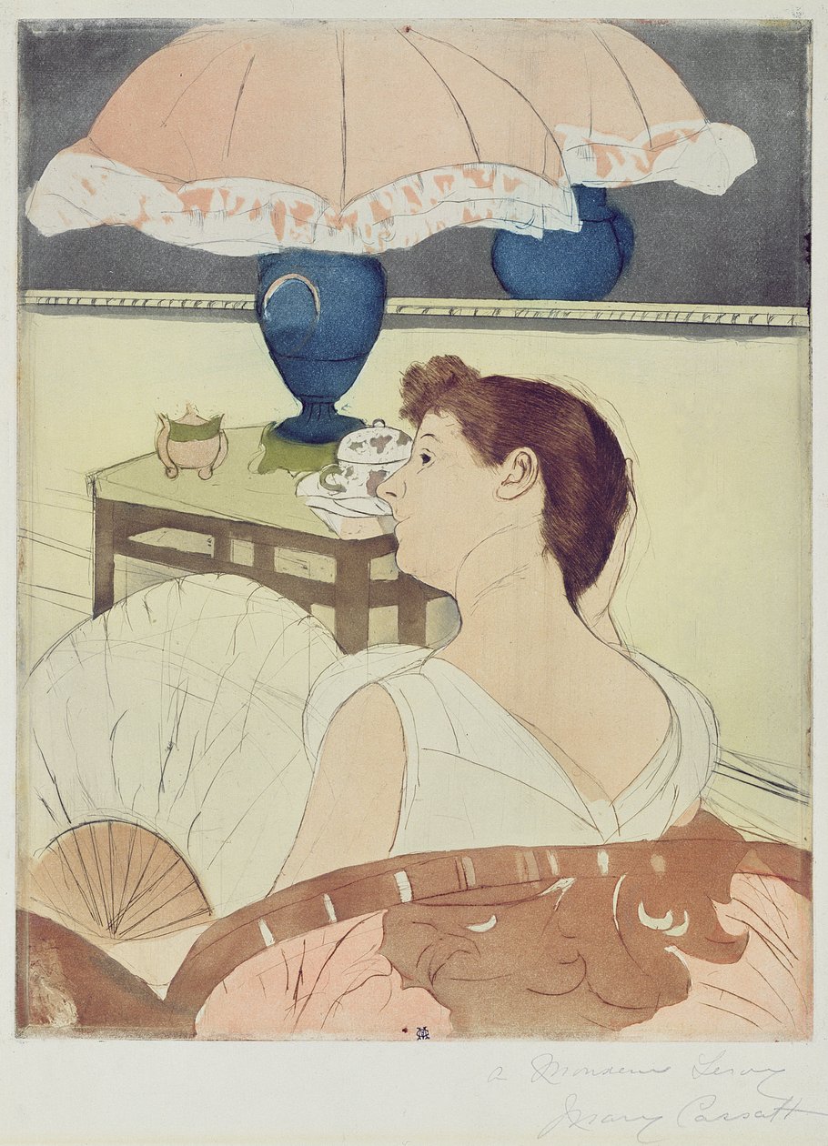 The Lamp, 1891 (suchá jehla, měkký podklad a akvatinta na papíře) od Mary Cassatt
