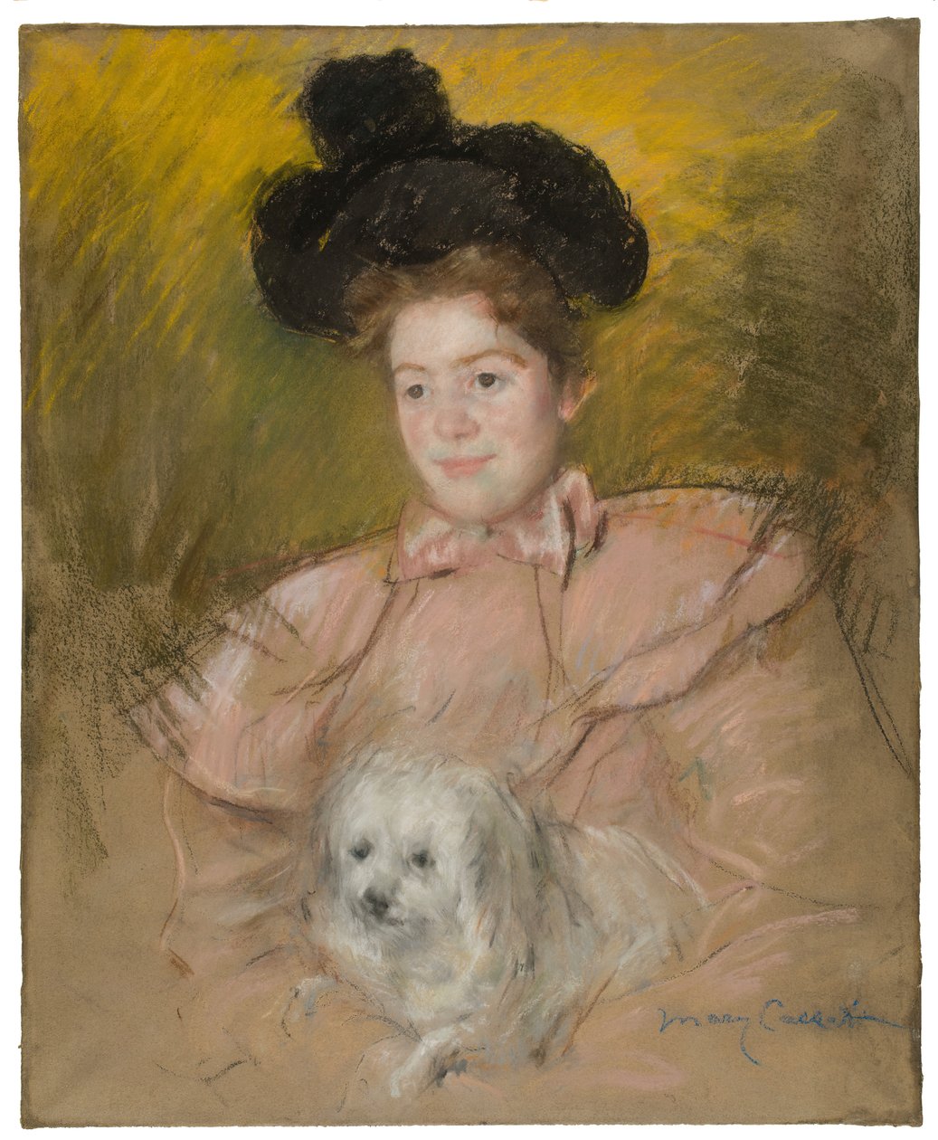 Žena v malinovém kostýmu drží psa, c. 1901. od Mary Cassatt