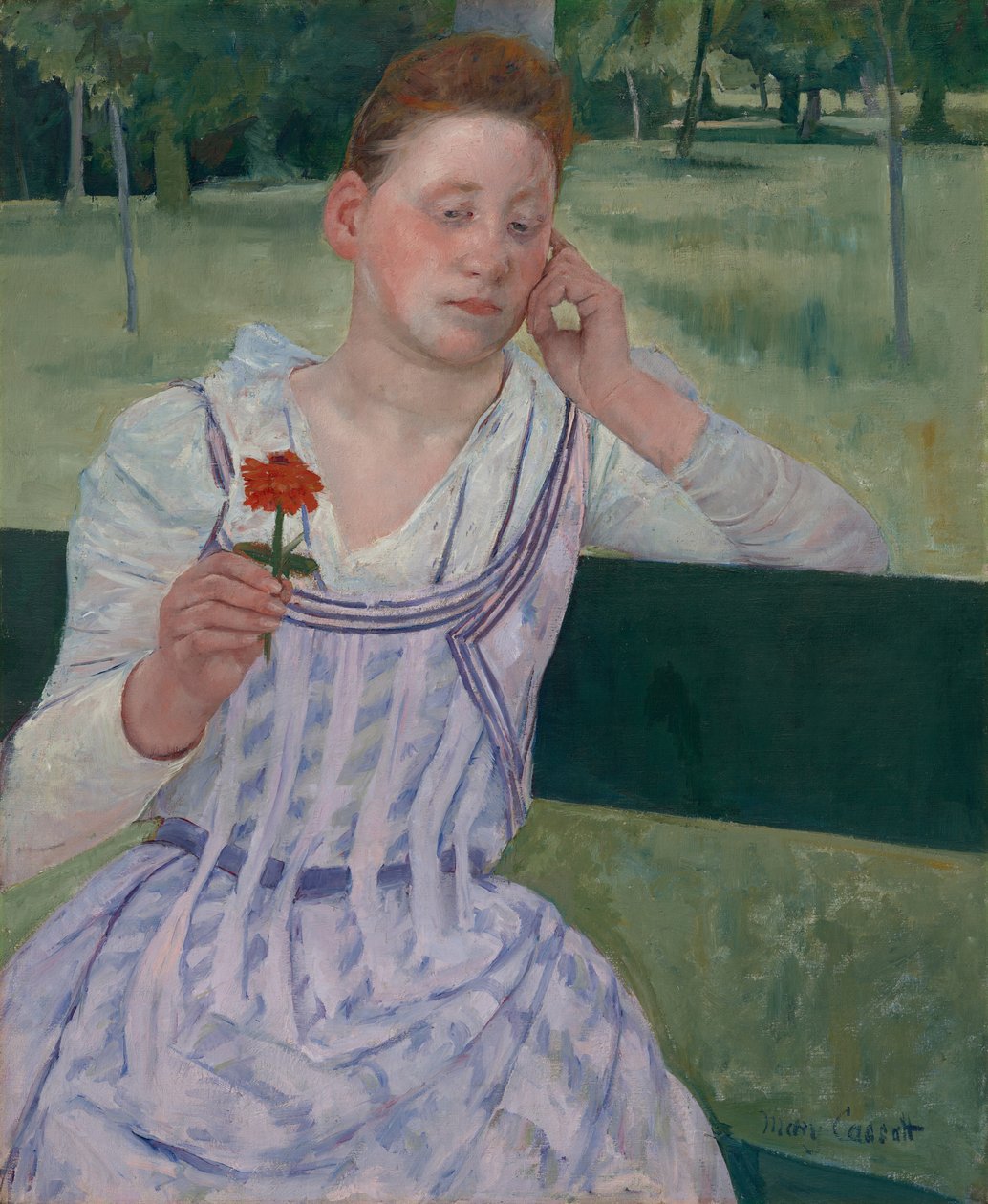 Žena s červenou cínií (Zamyšlení) od Mary Cassatt