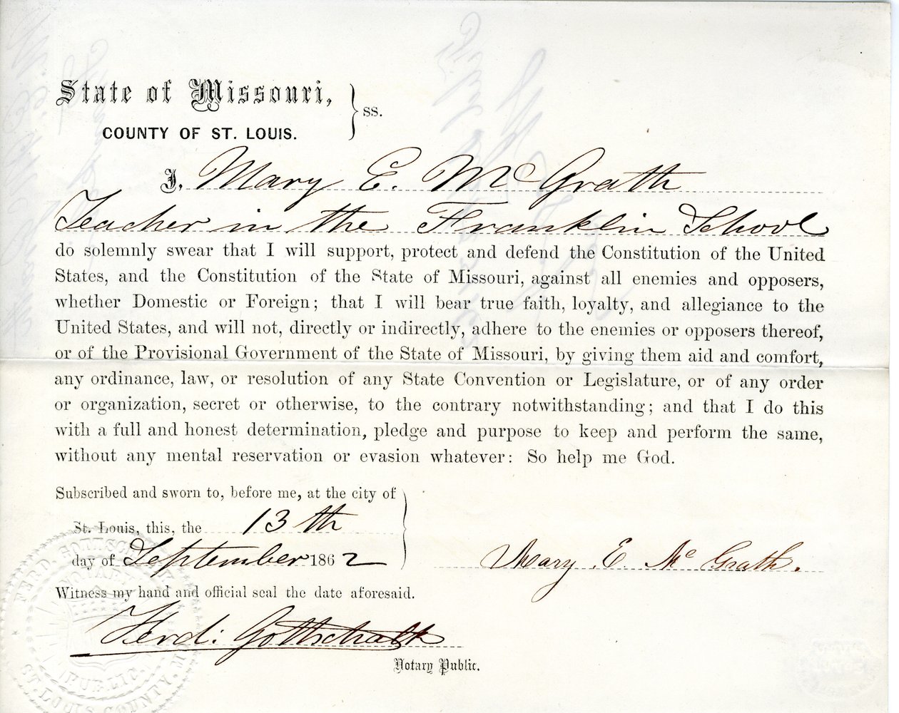 Věrnostní přísaha Mary E. McGrath z Missouri, hrabství St. Louis od Mary E. McGrath