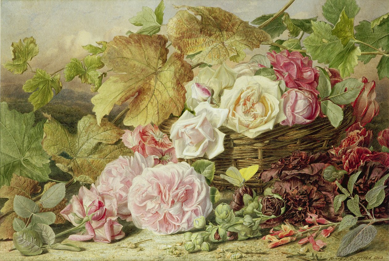 Pivoňky, růže a topolovky, 1862 od Mary Elizabeth Duffield