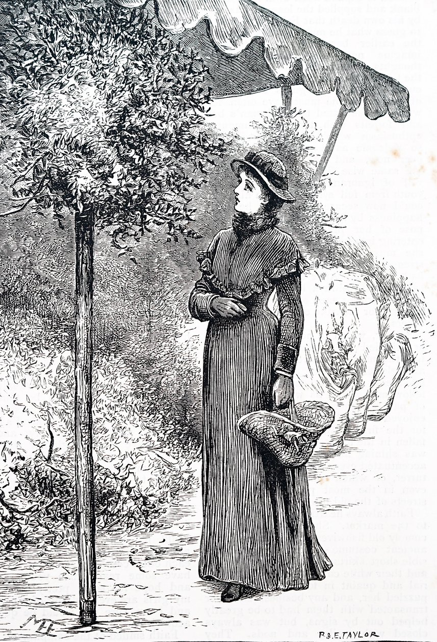 Žena kupuje cesmínu pro vánoční ozdoby. Mary Ellen Edwards (1838-1934), anglická umělkyně od Mary Ellen Edwards