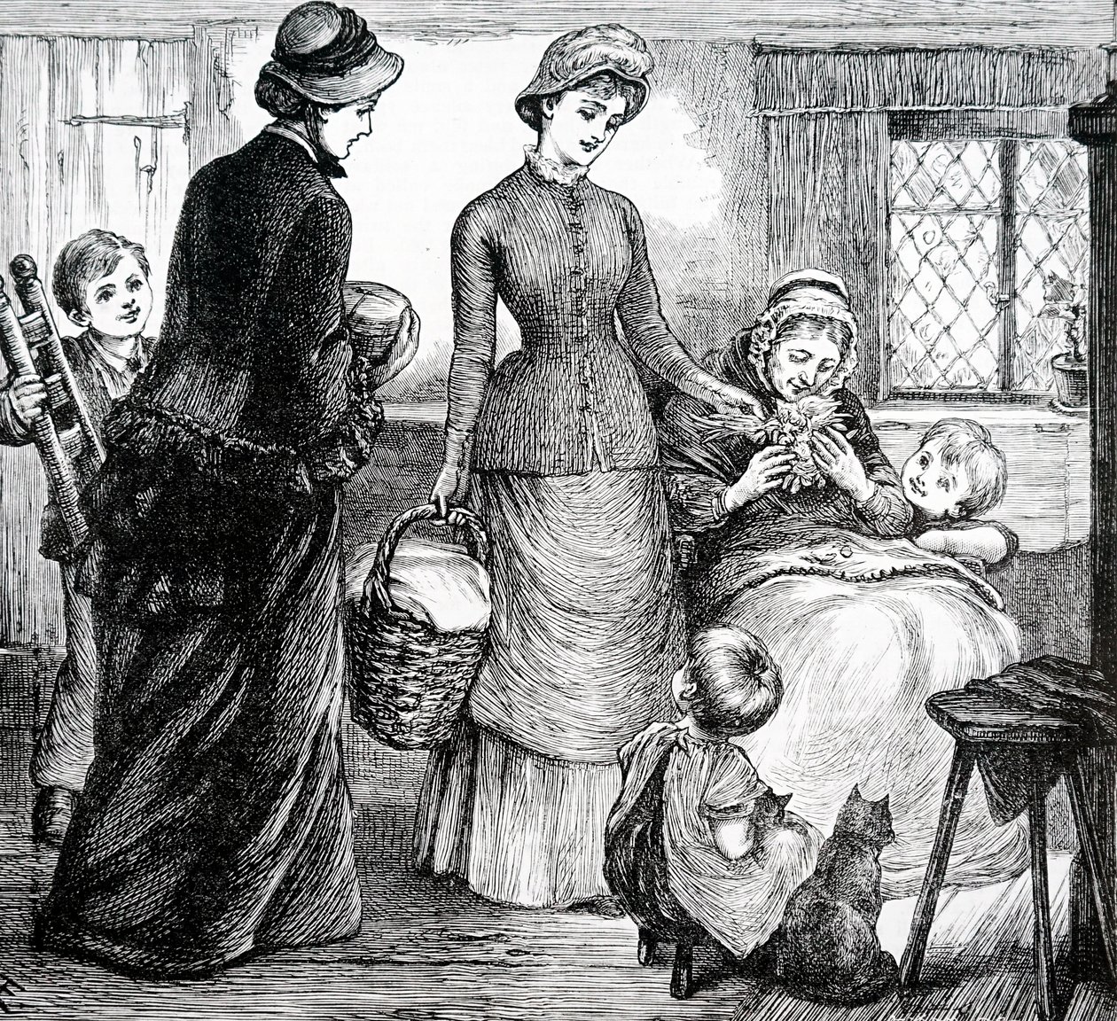 Žena obdarovávající chudého chalupníka. Mary Ellen Edwards (1838-1934), anglická umělkyně od Mary Ellen Edwards