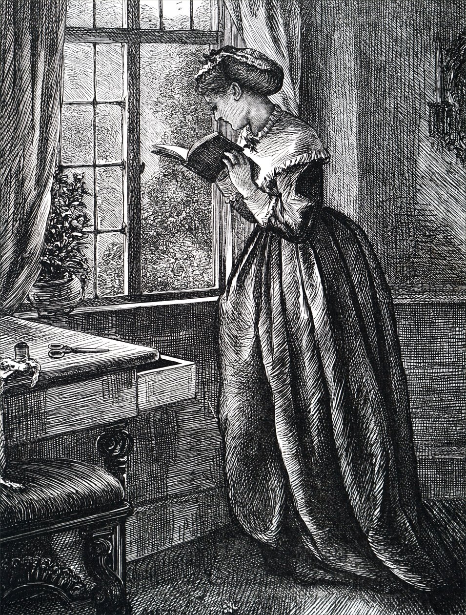Mladá žena čte u otevřeného okna. od Mary Ellen Edwards