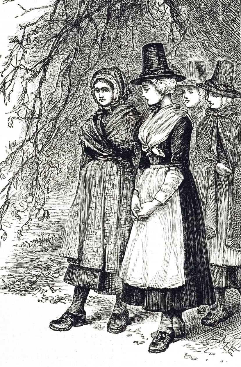 Rytina zobrazující velšské dívky na Hollantide Fair, náborovém veletrhu, čekající na zasnoubení jako domácí sluhové. Ilustrovala Mary Ellen Edwards (1838-1934), anglická umělkyně a ilustrátorka dětských knih. od Mary Ellen Edwards