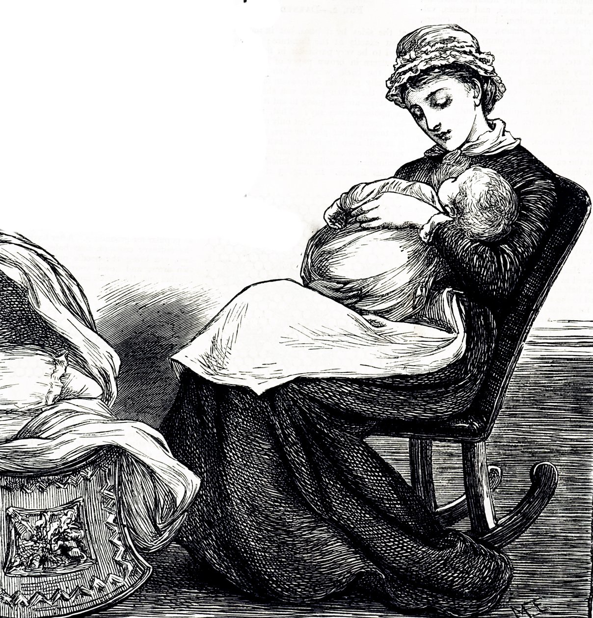 Rytina znázorňující matku houpající své dítě. Ilustrovaná Mary Ellen Edwards (1838-1934), anglická umělkyně a plodná ilustrátorka dětských knih od Mary Ellen Edwards