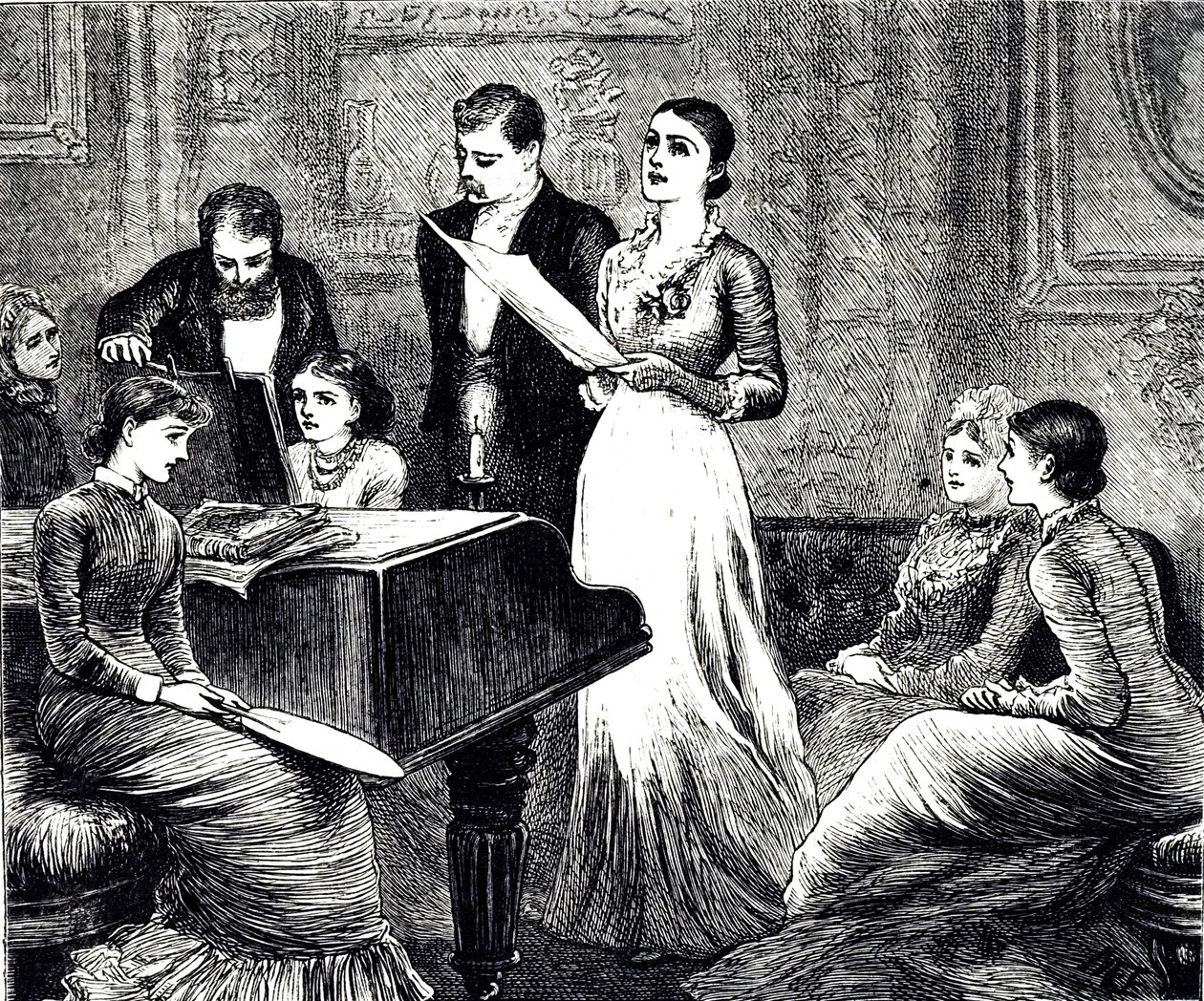 Rytina zobrazující hudební večer. Ilustrovala Mary Ellen Edwards (1838-1934), anglická umělkyně a ilustrátorka dětských knih. od Mary Ellen Edwards