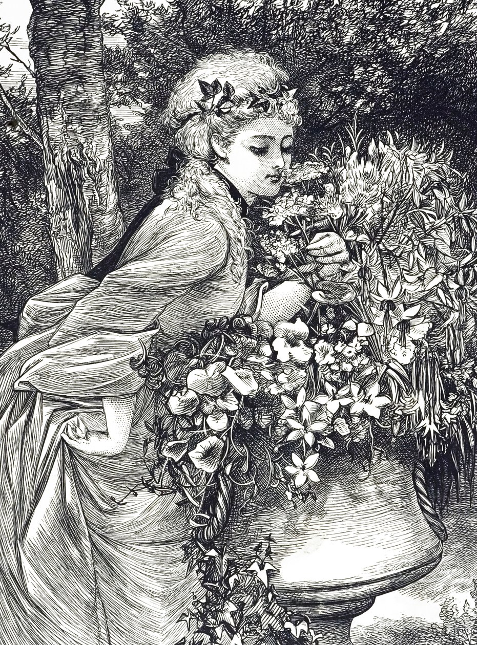 Rytina zobrazující mladou dívku vonící květinami umístěnou v zahradní urně. Ilustrovala Mary Ellen Edwards (1838-1934), anglická umělkyně a ilustrátorka dětských knih. od Mary Ellen Edwards