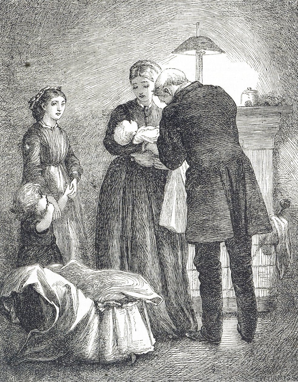 Rytina zobrazující lékaře, který vyšetřuje dítě se spalničkami od Mary Ellen Edwards