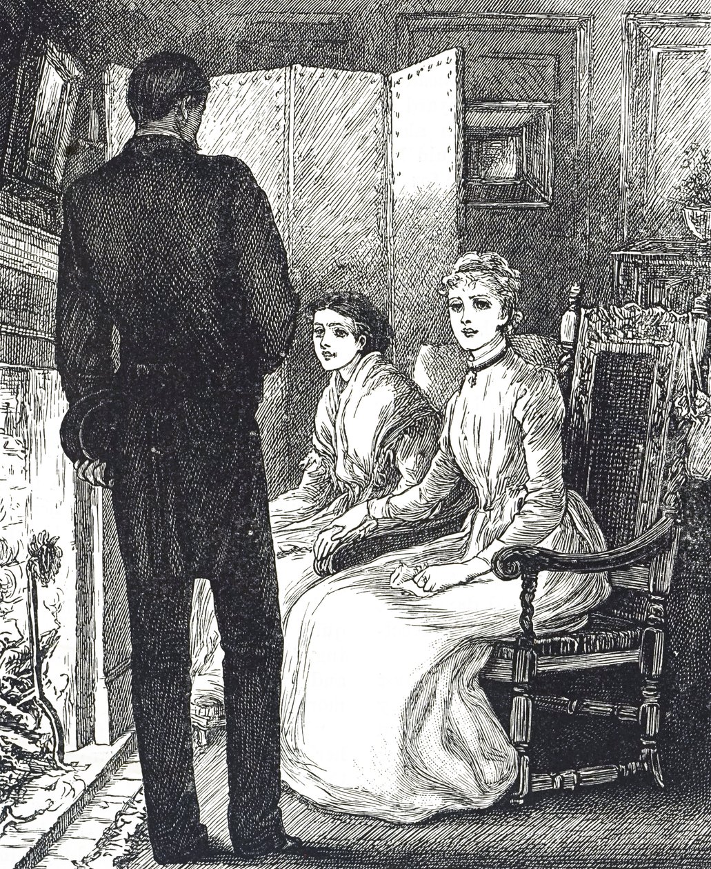 Rytina zobrazující dvě ženy udržující se v teple u krbu od Mary Ellen Edwards
