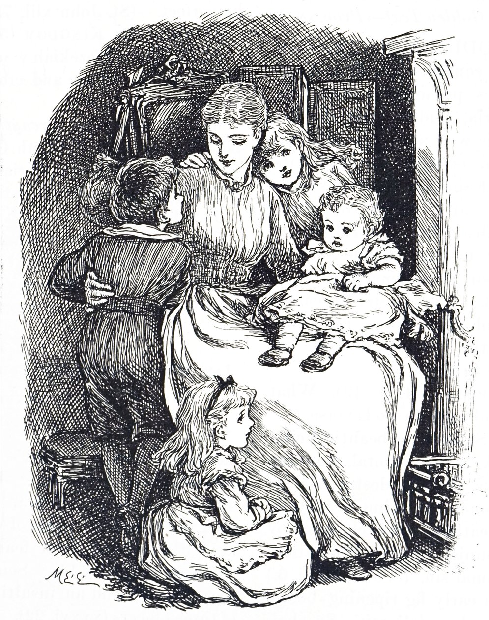 Ilustrace zobrazující matku se svými dětmi od Mary Ellen Edwards