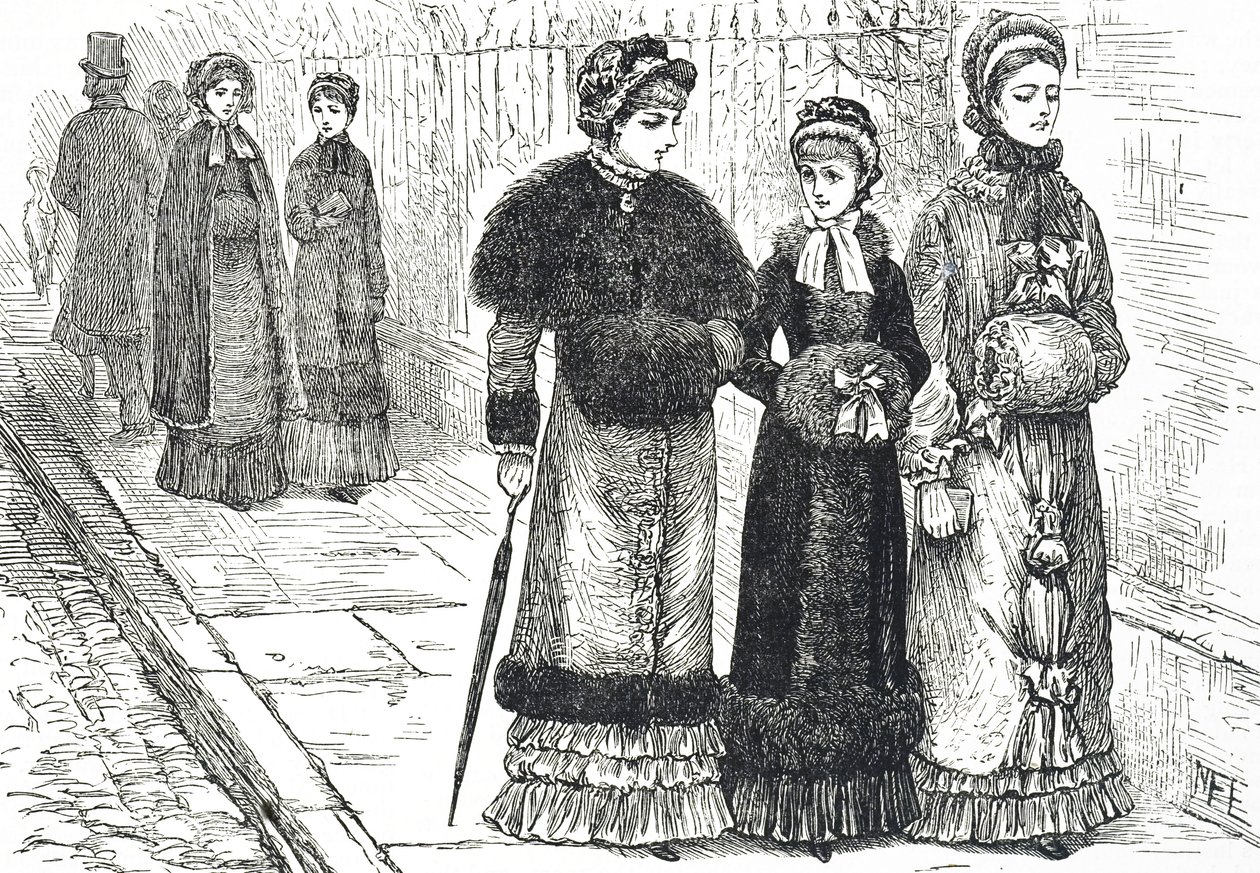 Ilustrace zobrazující mladé ženy s rukávníky, aby si udržely ruce v teple během chladnějšího počasí od Mary Ellen Edwards