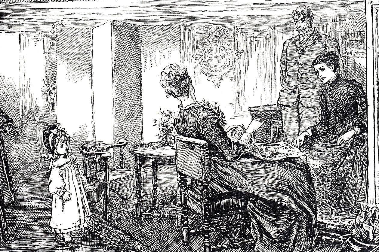 Ilustrace malé holčičky, o kterou se celé odpoledne starají její tety a strýc od Mary Ellen Edwards