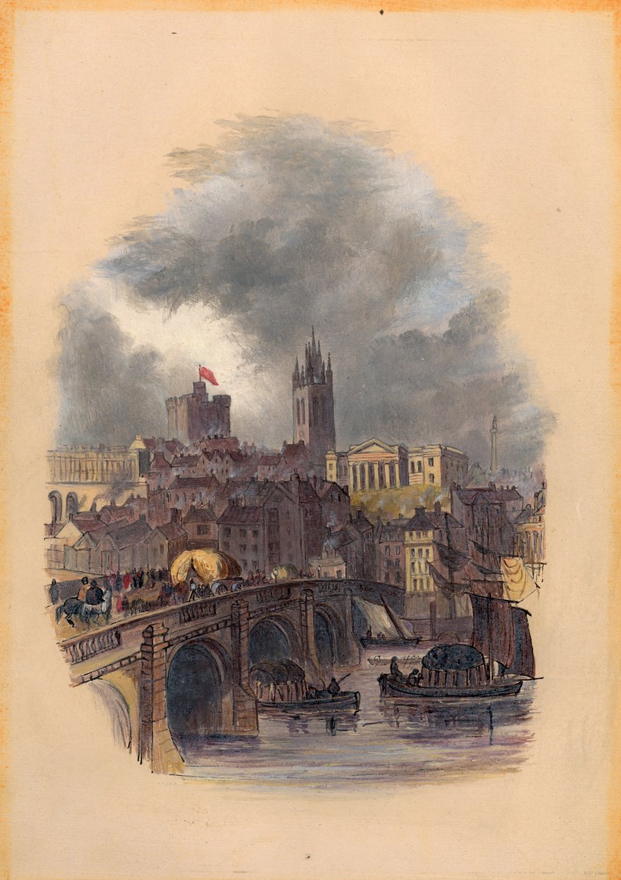 The Old Tyne Bridge, Moot Hall, St Nicholas Cathedral and Castle (inkoust & wc na papíře) od Mary Jane Hancock