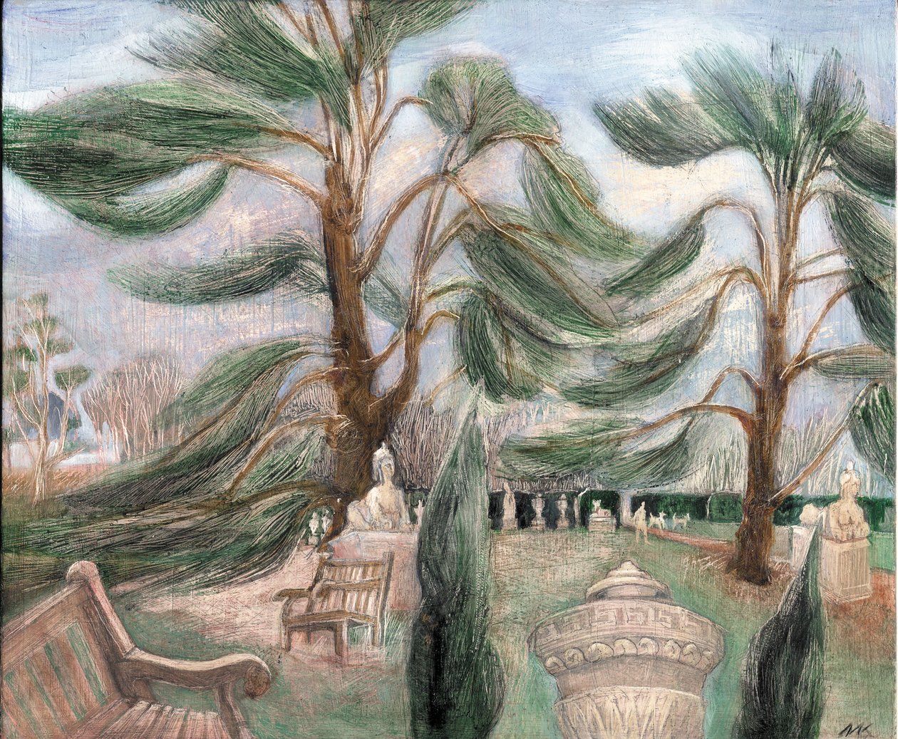 Chiswick House; cedrové sfingy, 2002 (olej na palubě) od Mary Kuper