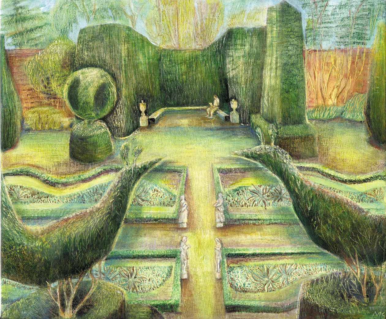 The Long Garden, Cliveden, ptáci, 2002 (olej na palubě) od Mary Kuper