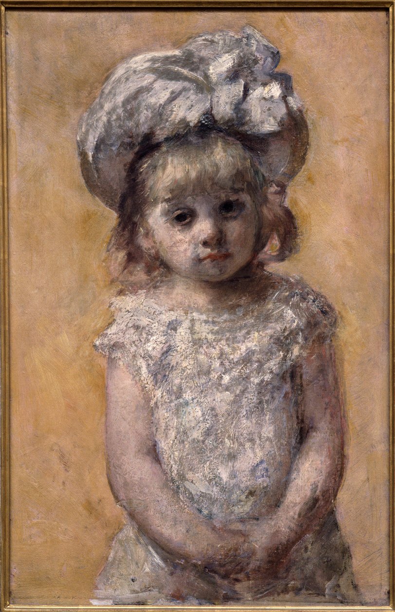 Portrét dívky nebo krajkové šaty. Portrét malé holčičky v bílých šatech vypadá smutně. Obraz Američanky Mary Cassattové (1844-1926) od Mary Stevenson Cassatt