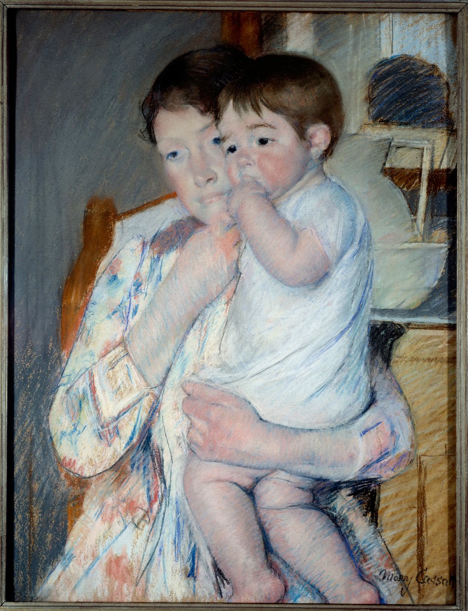 Žena a dítě před tabletem, kde jsou umístěny džem a miska. Obraz Mary Cassatt (1844-1926) Ec. Dopoledne od Mary Stevenson Cassatt