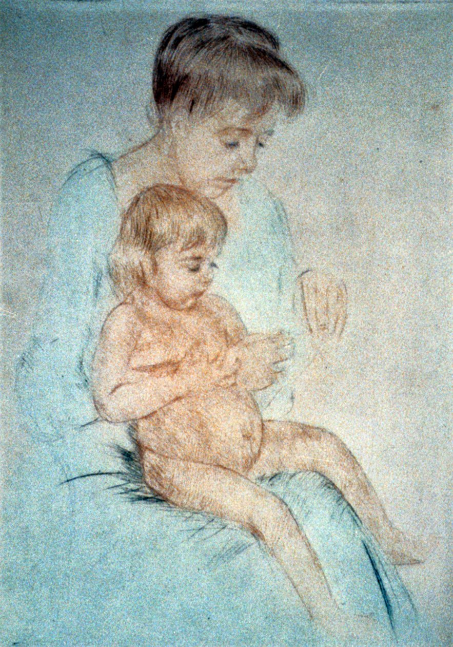 Žena držící malé nahé dítě na klíně při úpravě nehtů, c1904. Pastel. Mary Cassatt (1844-1926) Americká malířka a grafička, která od roku 1866 žila převážně ve Francii. Domácí matka dítě od Mary Stevenson Cassatt