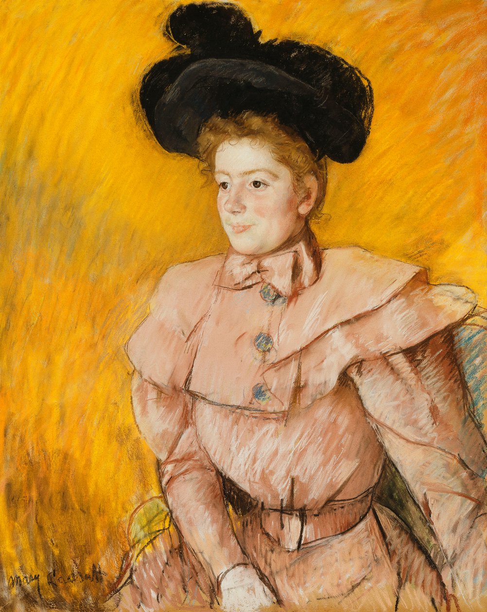 Žena v černém klobouku a malinově růžovém kostýmu, c.1899 od Mary Cassatt