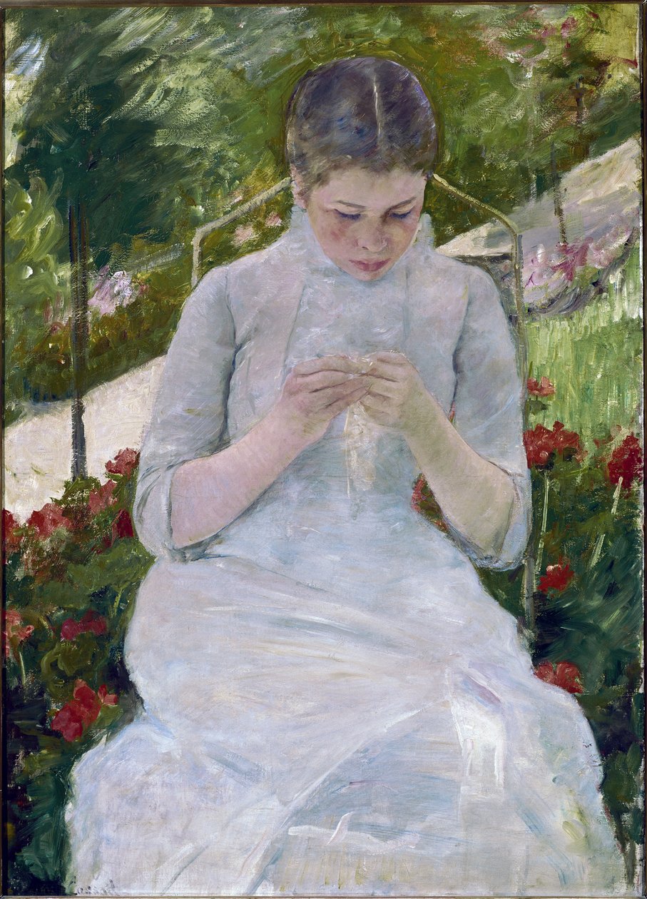 Žena šijící (olej na plátně od Mary Stevenson Cassatt