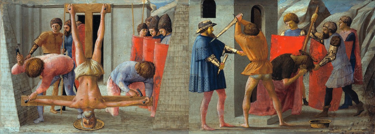 Italština:  Masaccio crocefissione di san pietro e martirio di san giovanni Battista Ukřižování apoštola Petra a stětí Jana Křtitele od Masaccio