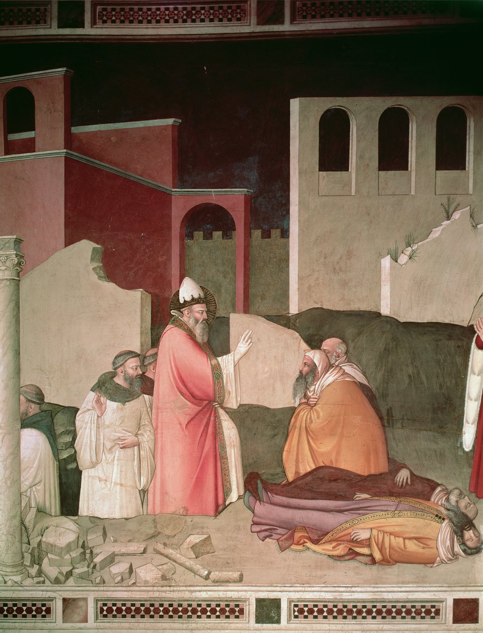 Sv. Silvestr resuscituje dva mrtvé Římany, detail z kaple Bardi, kolem roku 1340 od Maso di Banco