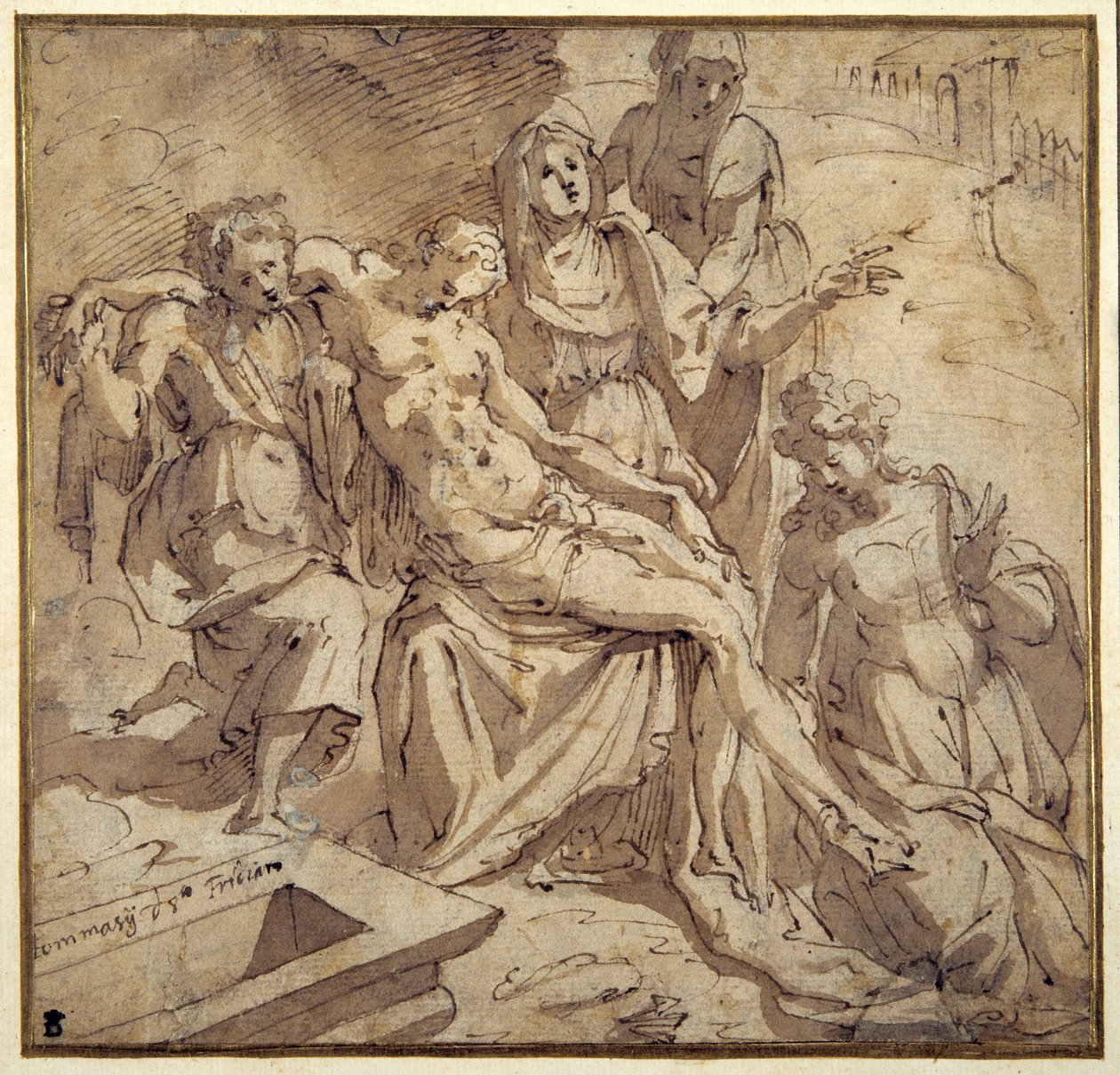 Pieta (pero a hnědý inkoust s hnědým praním na bílém papíře) od Maso da San Friano